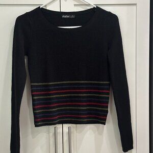 Aster Women's Long Sleeve Sweater, Black with Strips, S, Scoop Neck, Pullover